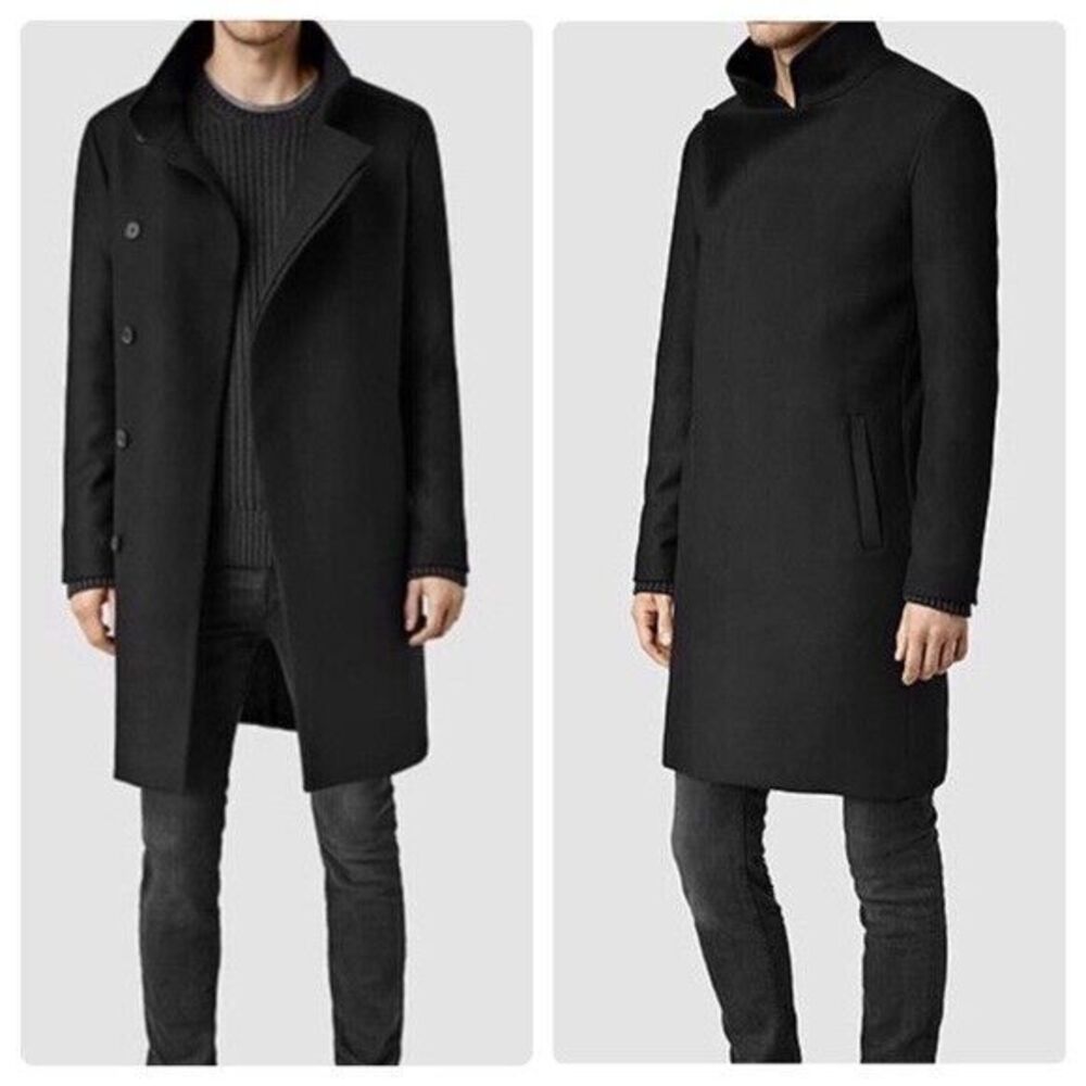 ALL SAINTS Banner Overcoat Coat Men S/36 Black Italian Cloth Wool Blend Classic